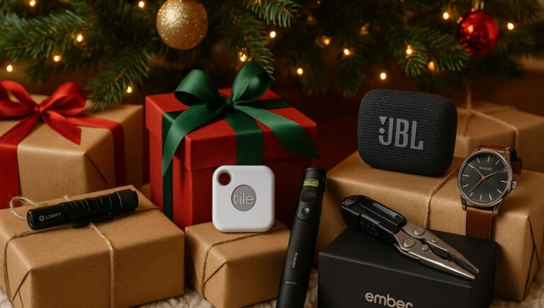 Christmas gifts for him 2025 – cozy scene with tech gadgets, speaker, mug, and watch under Christmas tree
