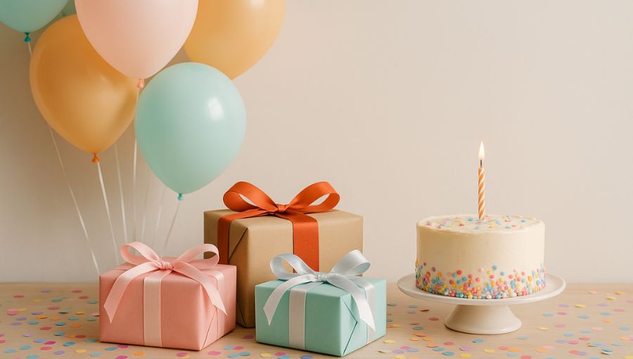Birthday Gifts with balloons and cake